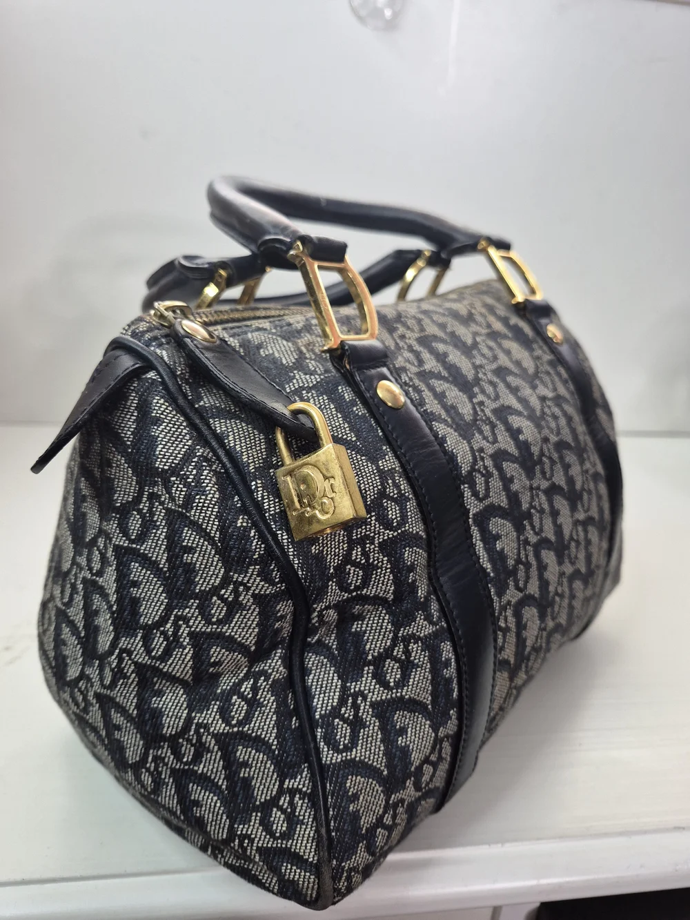 Dior Navy Monogram Canvas Satchel with Gold Hardware - Picture 5 of 13